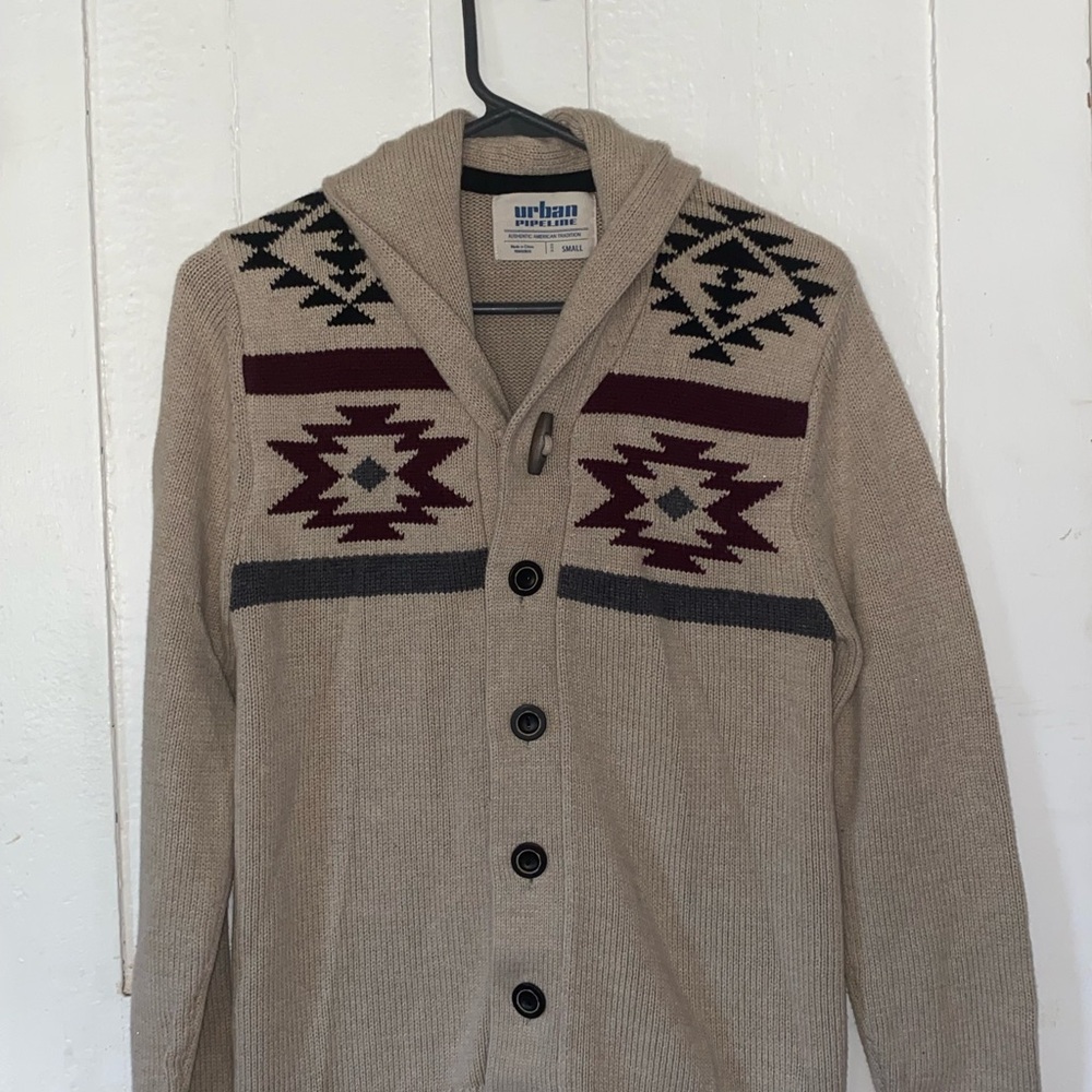 Urban Pipeline Tan and Black Cardigan Sweater with Geometric Design